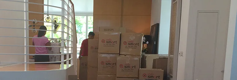 Moving boxes, movers and stairs
