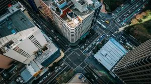 An aerial view of a street in Hong Kong.