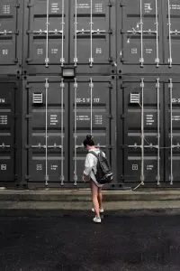 storage unit and a girl in front