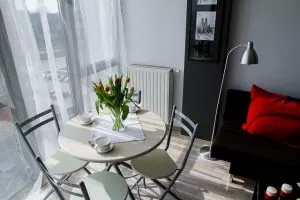 A dining table in micro-apartments in Hong Kong.