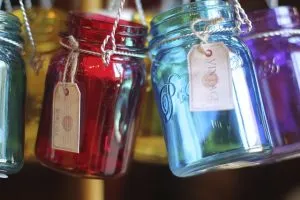 Mason jars of different colors.