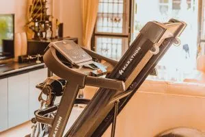 a treadmill in the living room