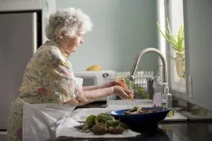 A grandma washing dishes