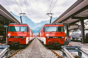 Two red trains at station