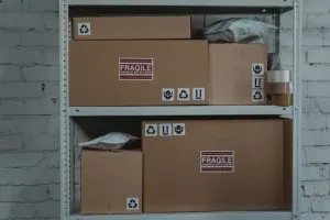 boxes on the shelves - packing supplies can be recycled