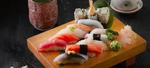 Chinese seafood on a wooden plate