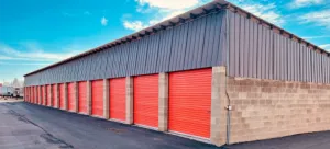 a storage unit with orange doors