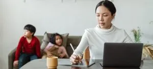 Woman searching for online moving reviews