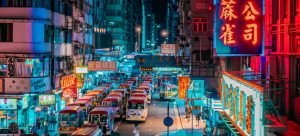 The street and vehicles on the road in Hong Kong during the night