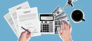 Picture of papers, hand writing something, a calculator and money.