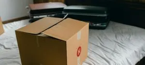 moving box and suitcases on the bed