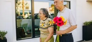 A senior couple walking.