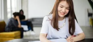 A woman in a classroom.